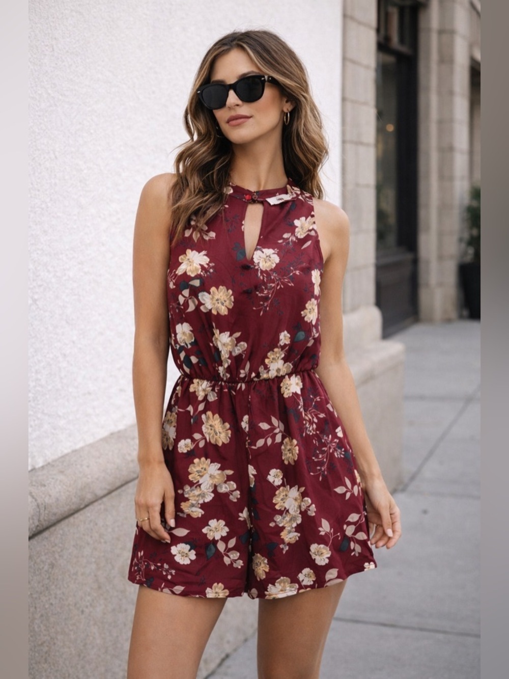 Lush Burgundy Floral Romper Dress Small Keyhole Back Boho Chic